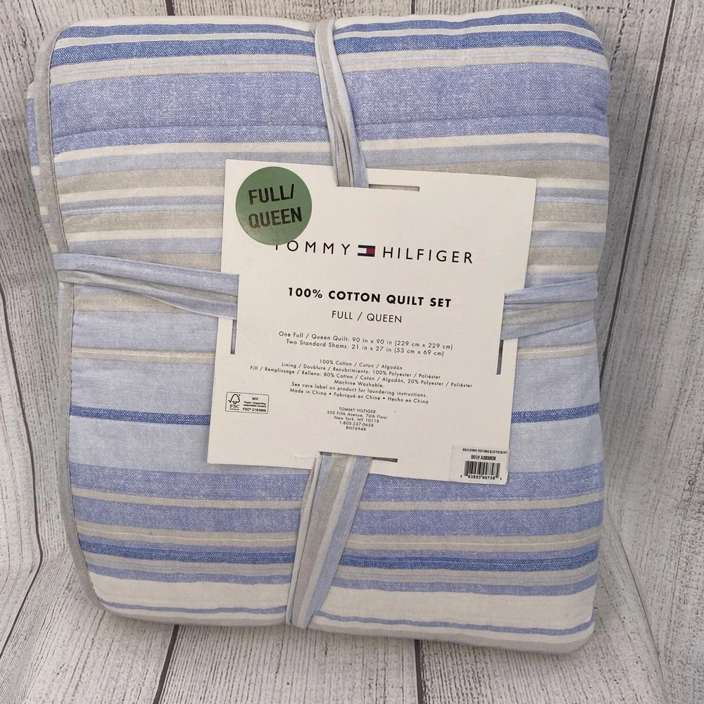 Tommy Hilfiger Quilt Set Full Queen Blue Bold Stripe Textured 100% Cotton Preppy